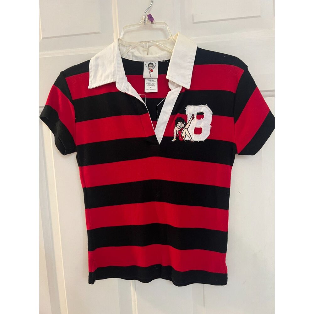 Vintage Y2K Betty Boop Red Black Stripe Rugby Polo Shirt Short Sleeve S 2004